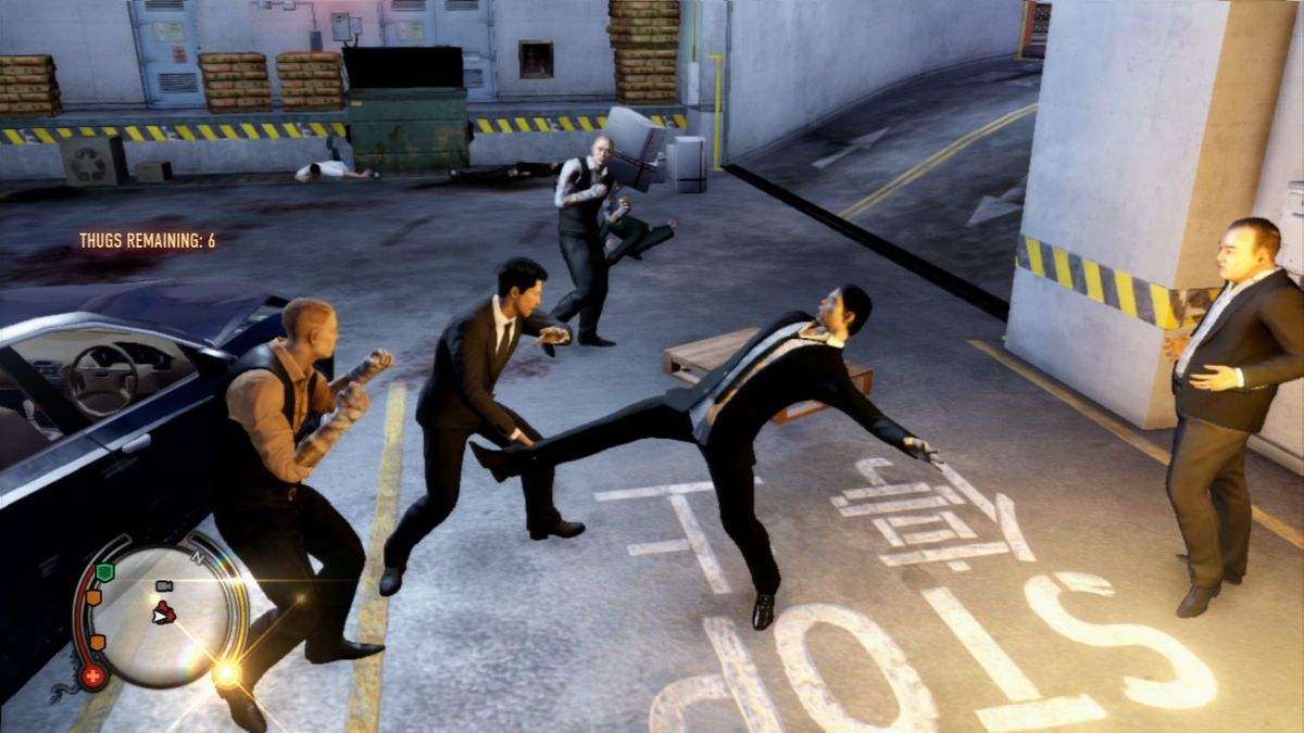 Sleeping Dogs (PlayStation 3) screenshot: Each bust location has a limited number of thugs you must take down before the mission is a success, and leaving the area will just reset it.