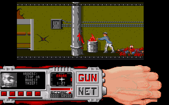 Techno Cop (Amiga) screenshot: "Cold day isn't it, sir?"