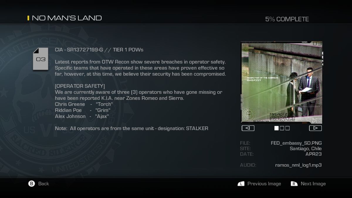 Call of Duty: Ghosts (Wii U) screenshot: Collecting Rorke Files unlocks additional information