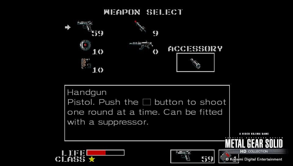 Metal Gear Solid 3: Subsistence (PS Vita) screenshot: Metal Gear - Weapon selection.