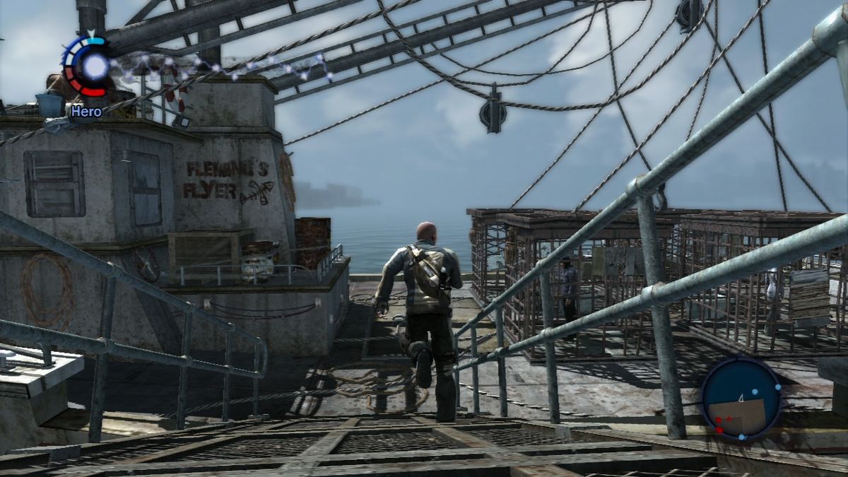 inFAMOUS (PlayStation 3) screenshot: Gotta save those people locked on a fishing boat.