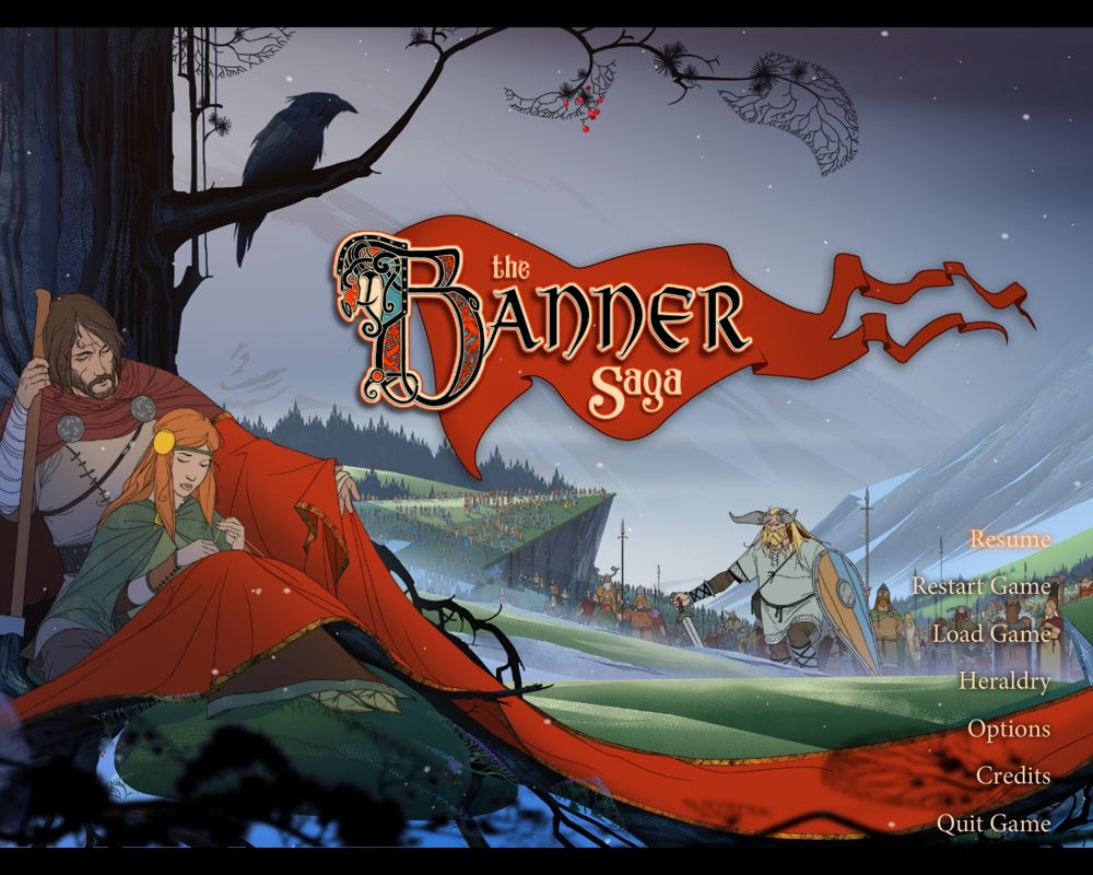 The Banner Saga (Windows) screenshot: Main menu - Animated snow falls in the background.