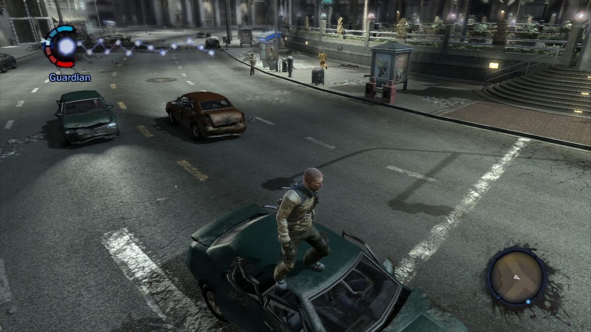 inFAMOUS (PlayStation 3) screenshot: That's one way to hitch a ride.