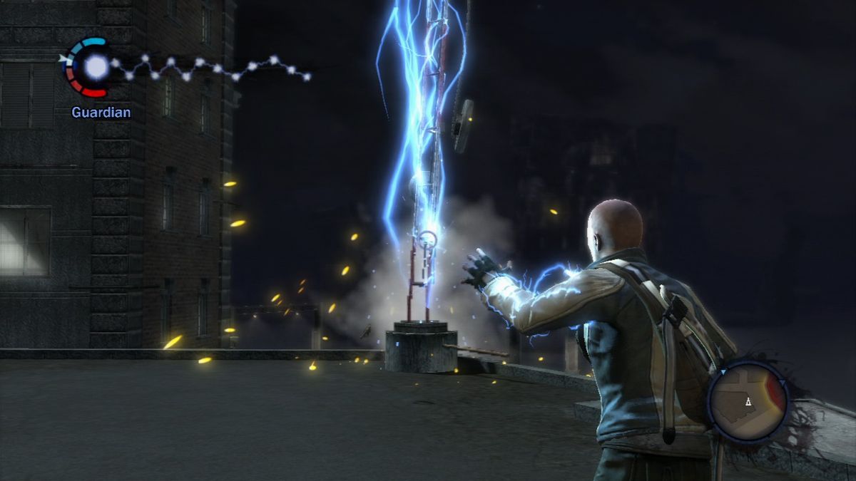 inFAMOUS (PlayStation 3) screenshot: You can take out the antennae to create a bridge for jumping on to the adjacent building.
