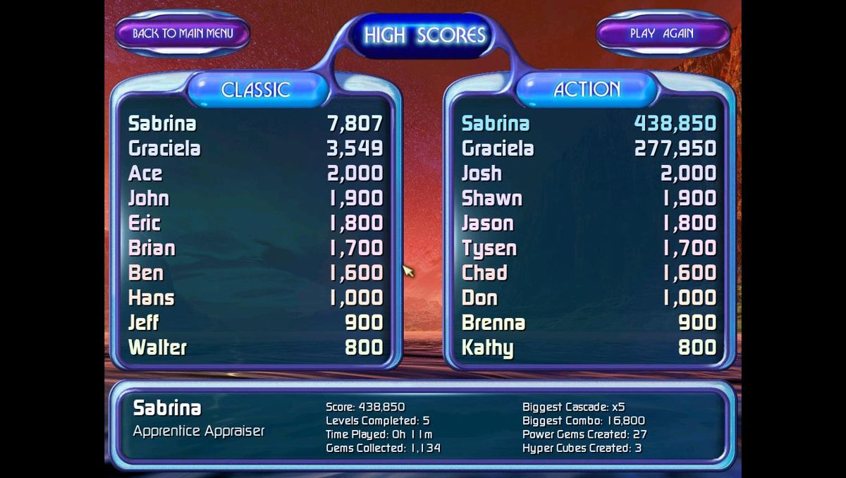 Bejeweled 2: Deluxe (Windows) screenshot: These are the high scores for both the "Classic" and "Action".