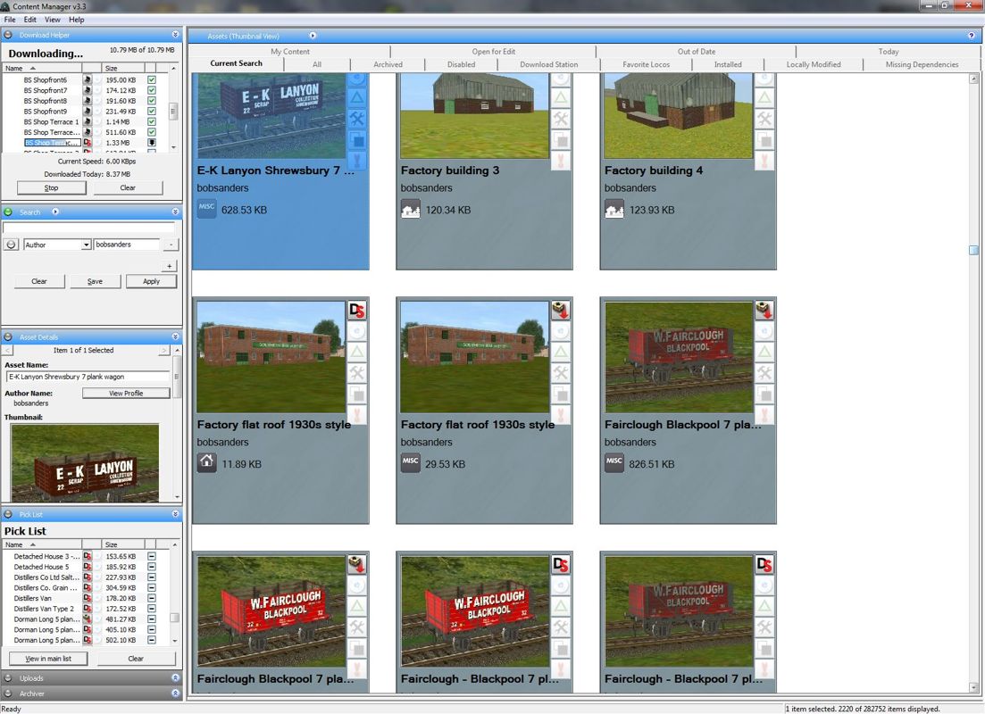 Trainz Simulator 2010: Engineers Edition (Windows) screenshot: The Content Manager showing the thumbnail view. Downloadable content from the TRAINZ community plays a big part in building realistic layouts.