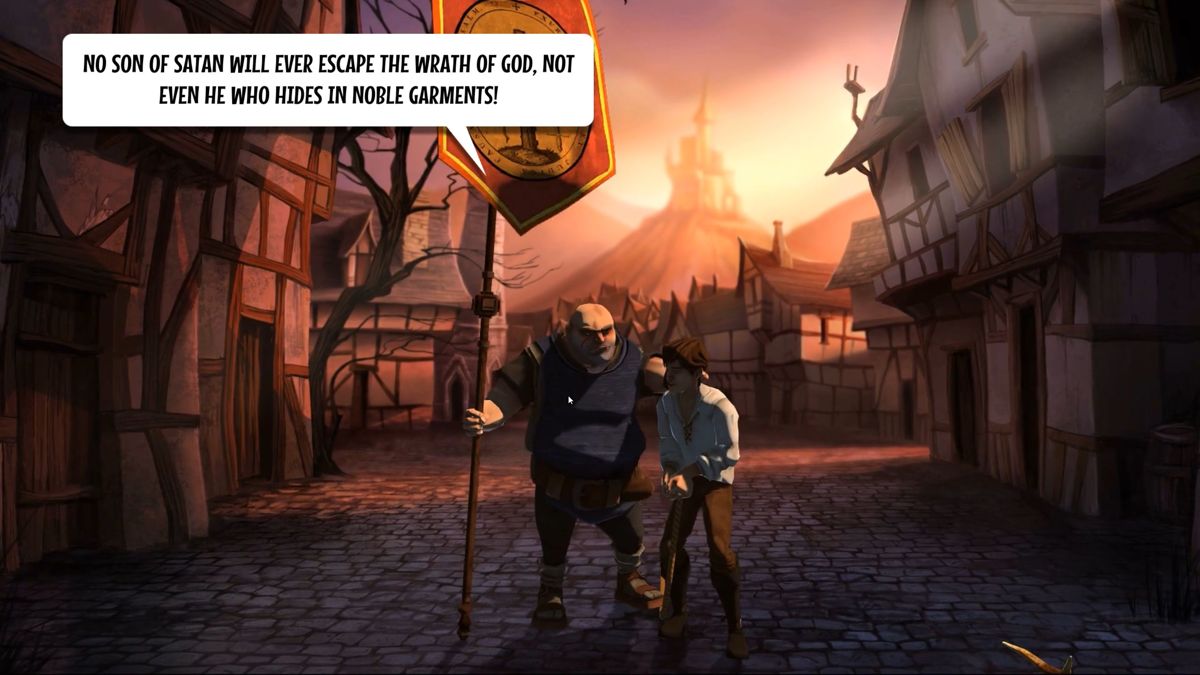 Yesterday: Origins (Windows) screenshot: The game starts with the duke's son being dragged through the streets by a guard of the inquisition. He/we are accused of being a son of Satan