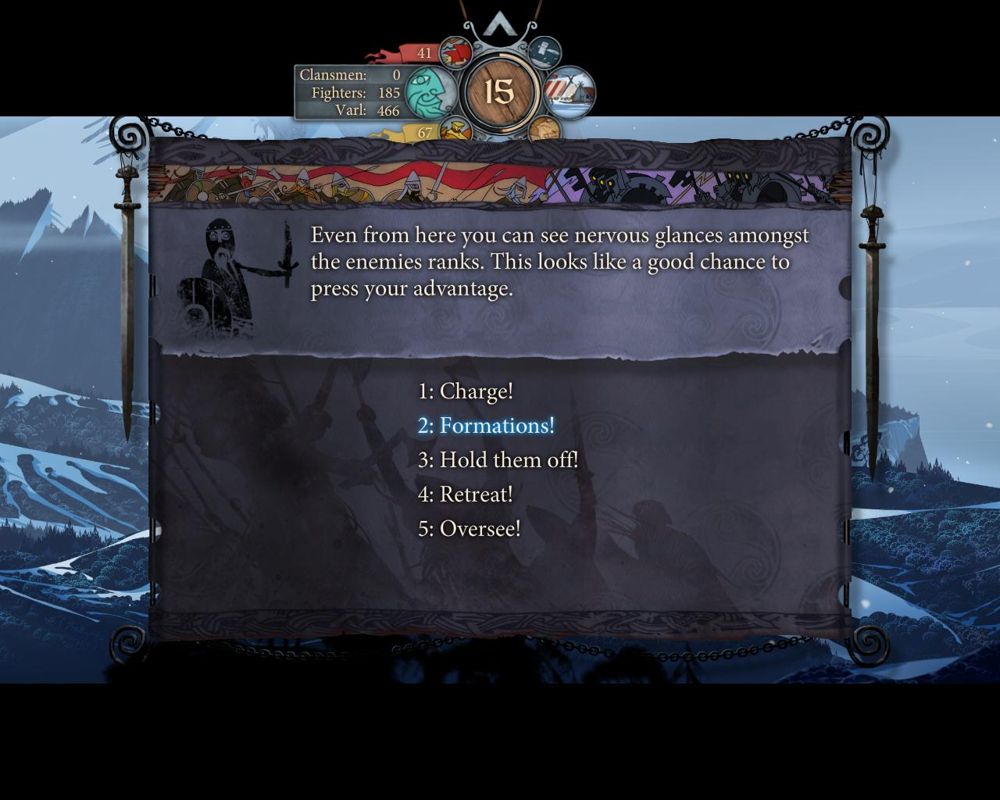 The Banner Saga (Windows) screenshot: War - Various options the player may choose from when facing a dredge war party. Some of the option will ensure direct melee combat between heroes and some of the dredge.