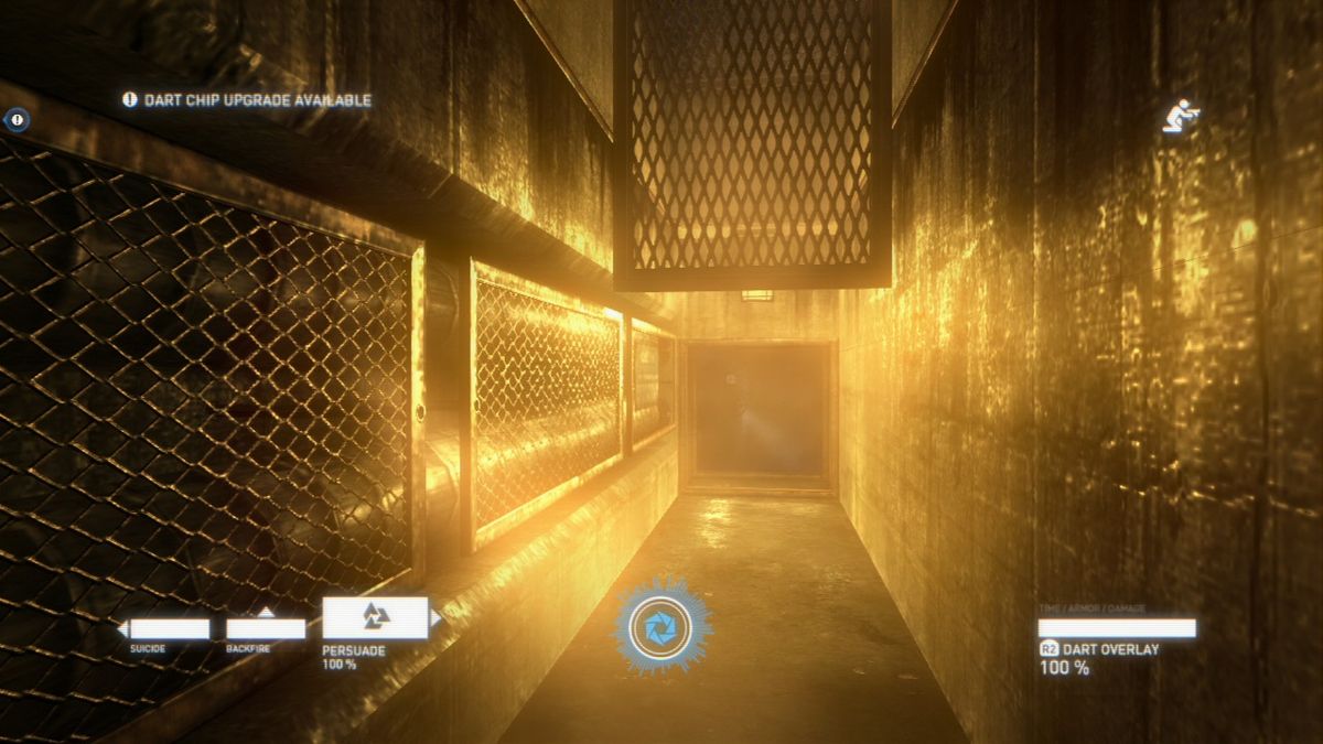 Syndicate (PlayStation 3) screenshot: Sneaking through the ventilation shaft.