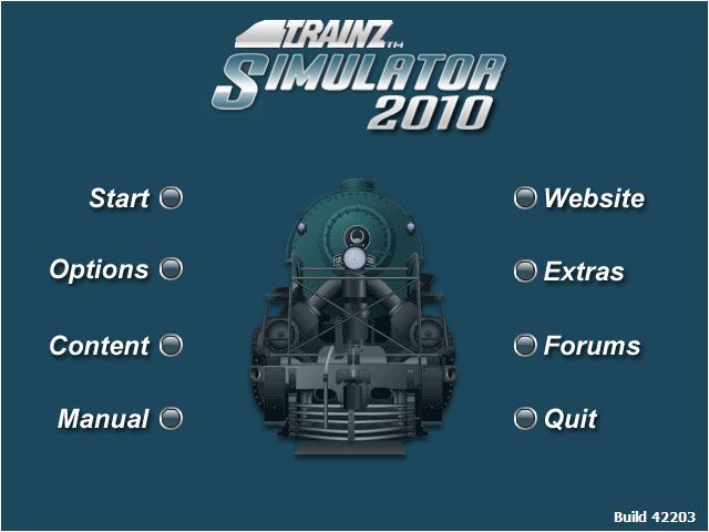 Trainz Simulator 2010: Engineers Edition (Windows) screenshot: The main menu. The initial build is 42203 which shows service pack two is included in this release. Service pack four, the last pack for this release, takes the build number to 49933.