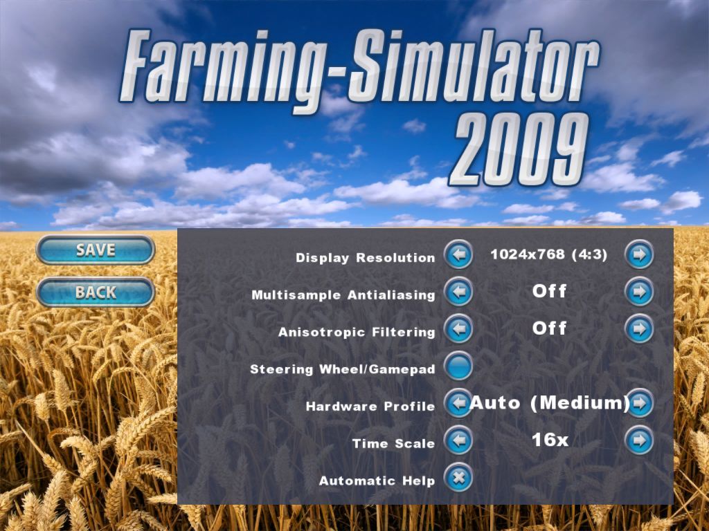 Farming Simulator 2009 (Windows) screenshot: The game's configuration settings are accessed via the main menu
