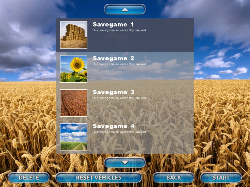 Farming Simulator 2009 (Windows) screenshot: Starting a game in Career mode. The game has fixed save game slots which, naturally, are not occupied at the start of a game
