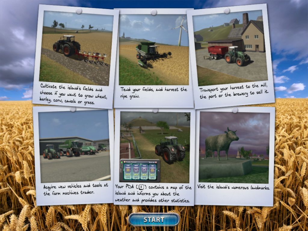 Farming Simulator 2009 (Windows) screenshot: In career mode the player selects their level of difficulty and then watches this screen while the game loads. Once loading is complete the START button appears and the game is ready to play