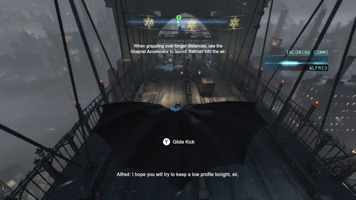 Batman: Arkham Origins (Wii U) screenshot: Gliding across the bridge