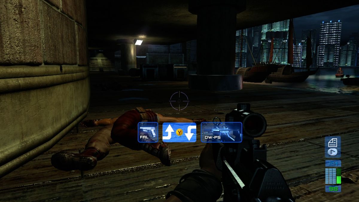Perfect Dark Zero (Xbox 360) screenshot: You can pick up enemy weapons, but you are limited to how many different weapons you can carry.