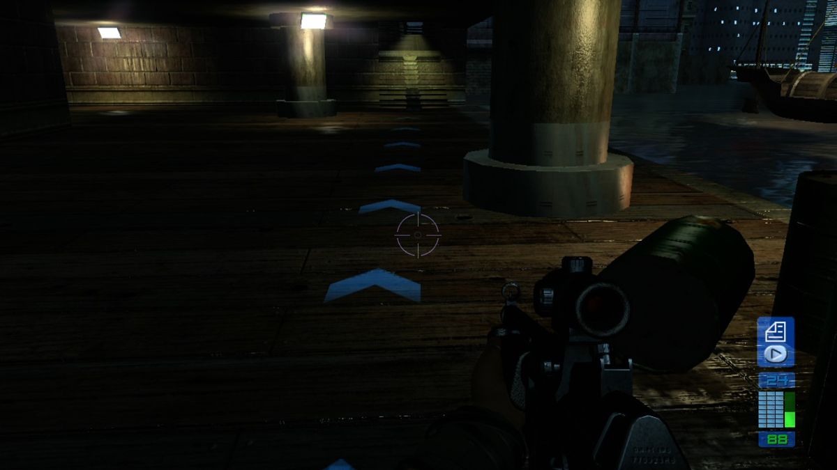 Perfect Dark Zero (Xbox 360) screenshot: Glowing arrows will highlight the path to your current mission objective.