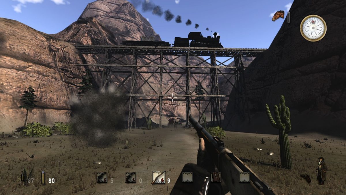Call of Juarez (Xbox 360) screenshot: Passing under the railroad bridge.