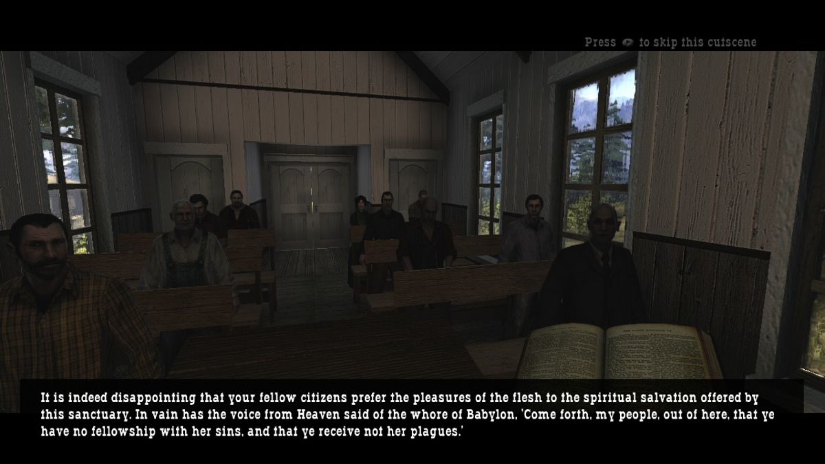 Call of Juarez (Xbox 360) screenshot: A sermon in progress.