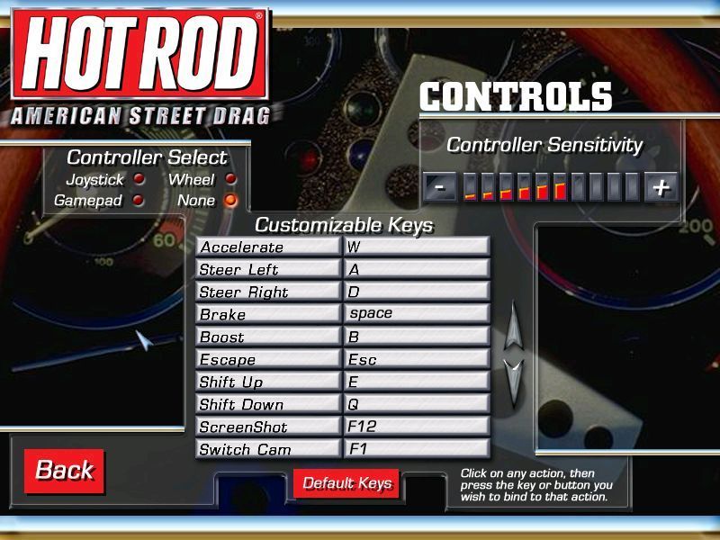 Hot Rod: American Street Drag (Windows) screenshot: One of the game's configuration screens. This shows the choice of controllers and that the action keys can be redefined