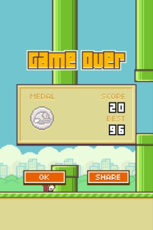 Flappy Bird (iPhone) screenshot: Get ready to see this screen a lot.
