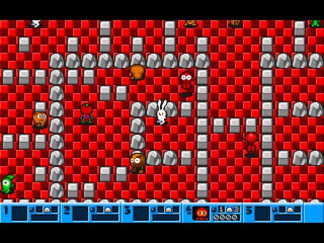 I Can't Believe It's Not... Bomberman (DOS) screenshot: This is the start of Adventure mode. The player's character is left of centre with a green spot on their head