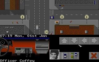 Hill Street Blues (DOS) screenshot: Driving around in the patrol car. You can walk, too.