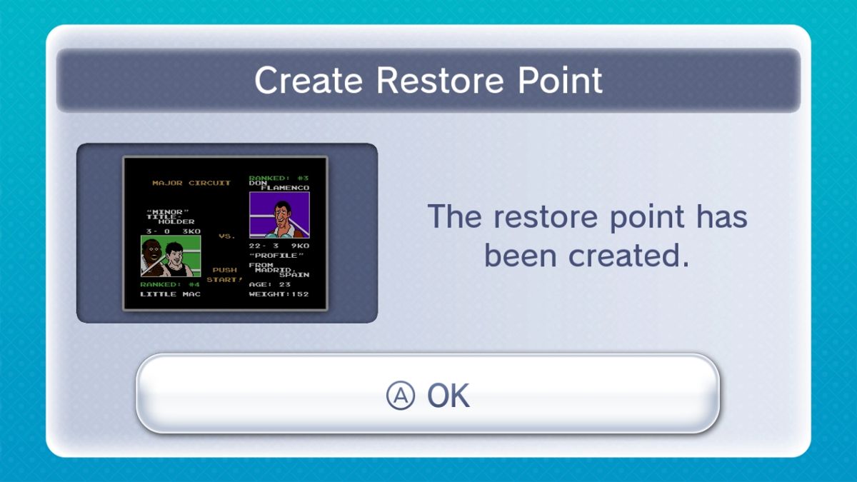Mike Tyson's Punch-Out!! (Wii U) screenshot: The Virtual Console allows for 'Restore Points' (save states)