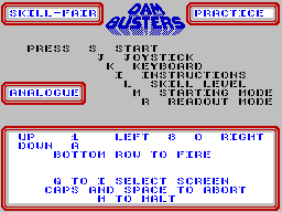 The Dam Busters (ZX Spectrum) screenshot: Main menu