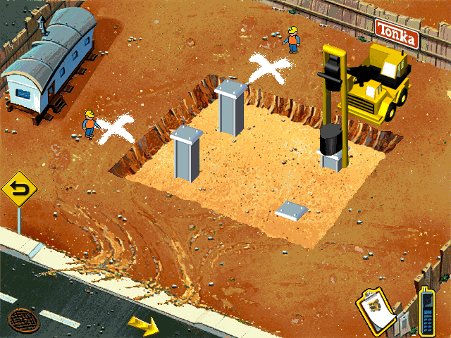 Tonka Construction (Windows 16-bit) screenshot: Using the pile driver to push these inward.