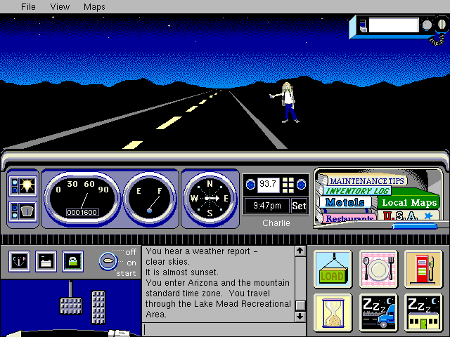 Crosscountry USA (Home Edition) (DOS) screenshot: Encountering the hitchhiker at night