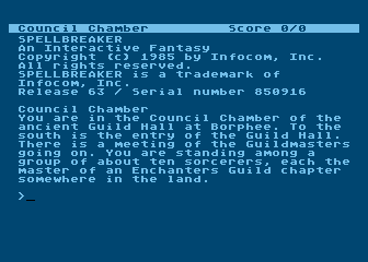 Spellbreaker (Atari 8-bit) screenshot: Game start