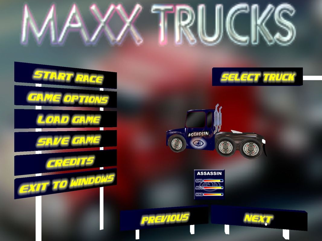 Maxx Trucks (Windows) screenshot: Starting a race. The first action is to select a truck from those available. Each has different handling and performance characteristics.