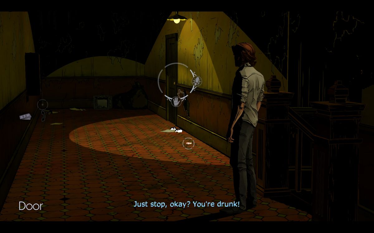 The Wolf Among Us (Windows) screenshot: Episode 1 - When moving over a hotspot the game shows the available actions and sometimes the combination with an inventory item.