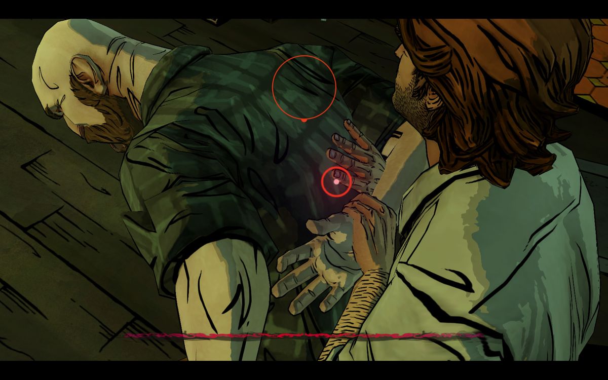 The Wolf Among Us (Windows) screenshot: Episode 1 - Quick time event during a fight. More than pressing a key, you also need to move the mouse to target the right zone or choose of one of multiple options.