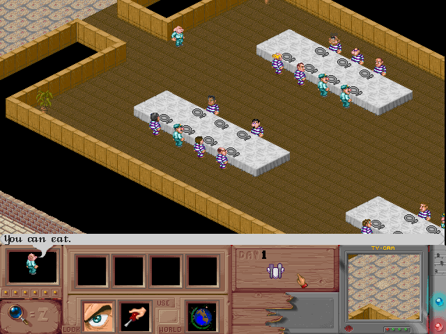 Fugitive (Windows) screenshot: Mealtime - you need to go to the cafeteria to the indicated place