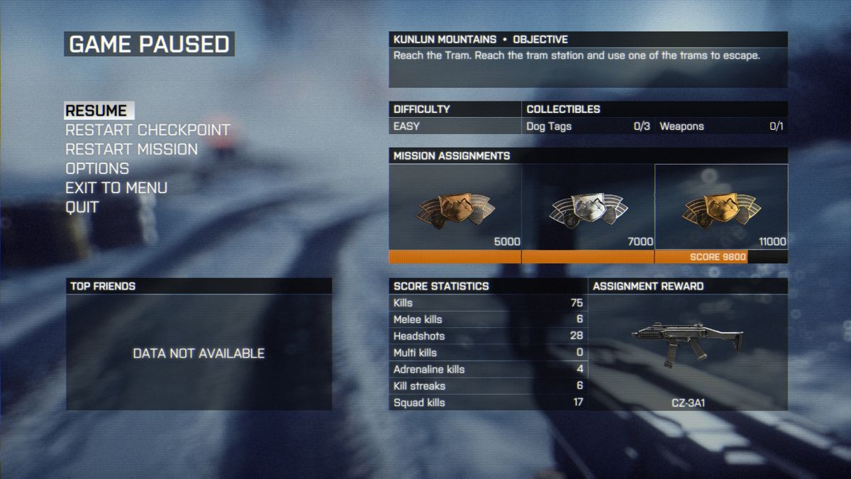 Battlefield 4 (Windows) screenshot: Pause menu in single player campaign