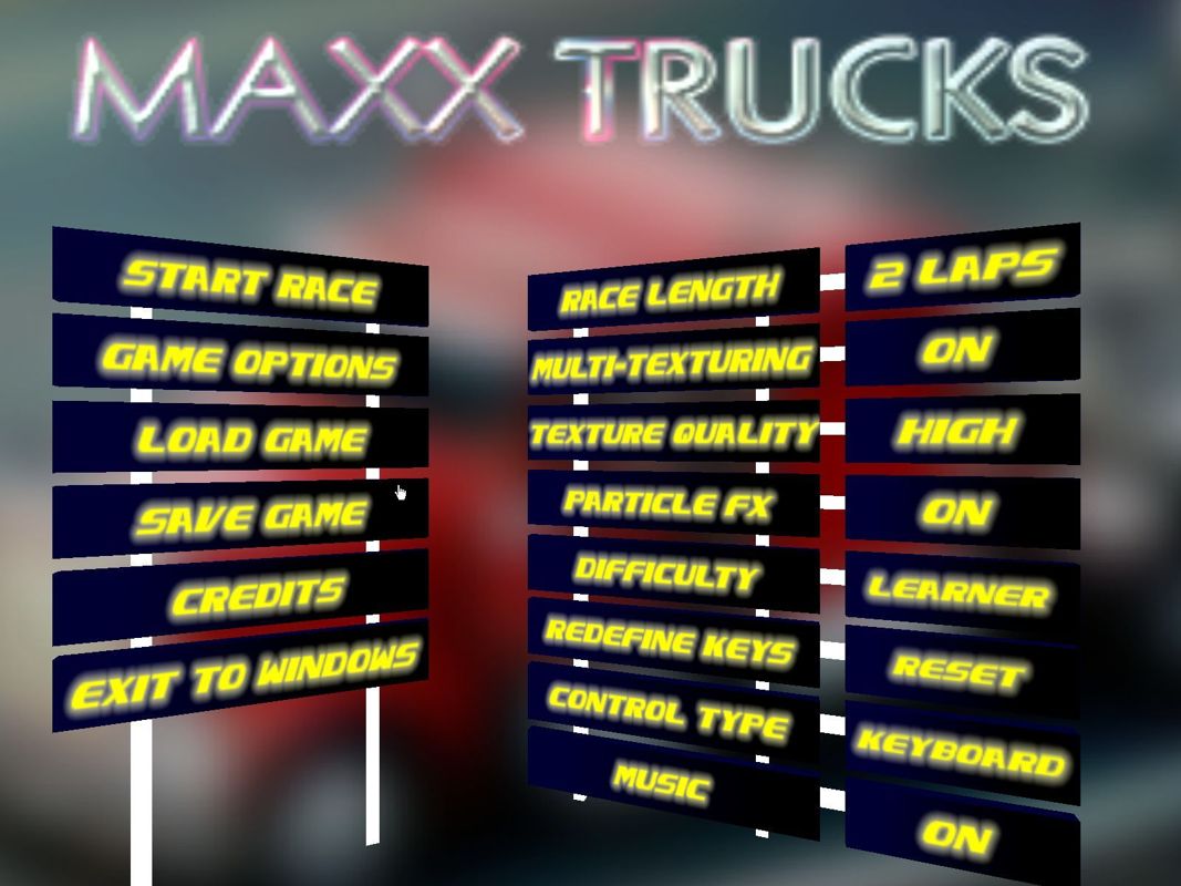 Maxx Trucks (Windows) screenshot: The game's main menu. As options are selected from the list on the left they appear in the right side of the screen as shown by the game configuration options.