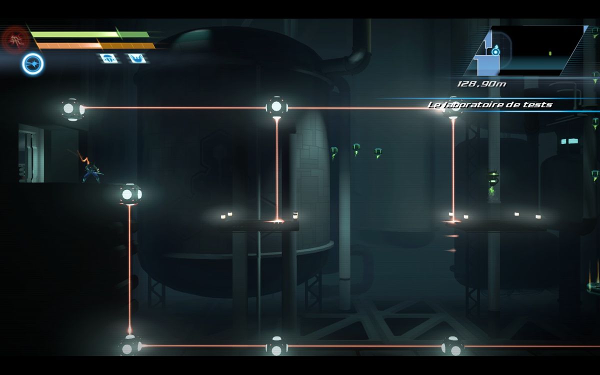 Strider (Windows) screenshot: These lasers are lethal. How to reach the other side?