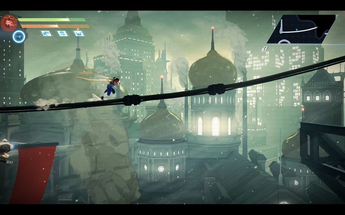 Strider (Windows) screenshot: A view of Kazakh City that is sure to bring memories of the original game.