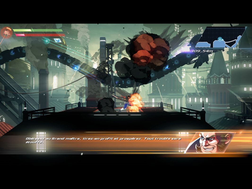 Strider (Windows) screenshot: The mecha-dragon Ourobouros passes in the background.