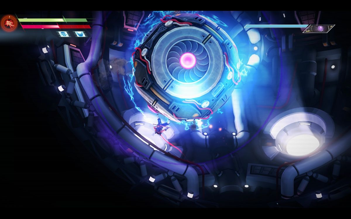 Strider (Windows) screenshot: Battle against the first Gravitron core.