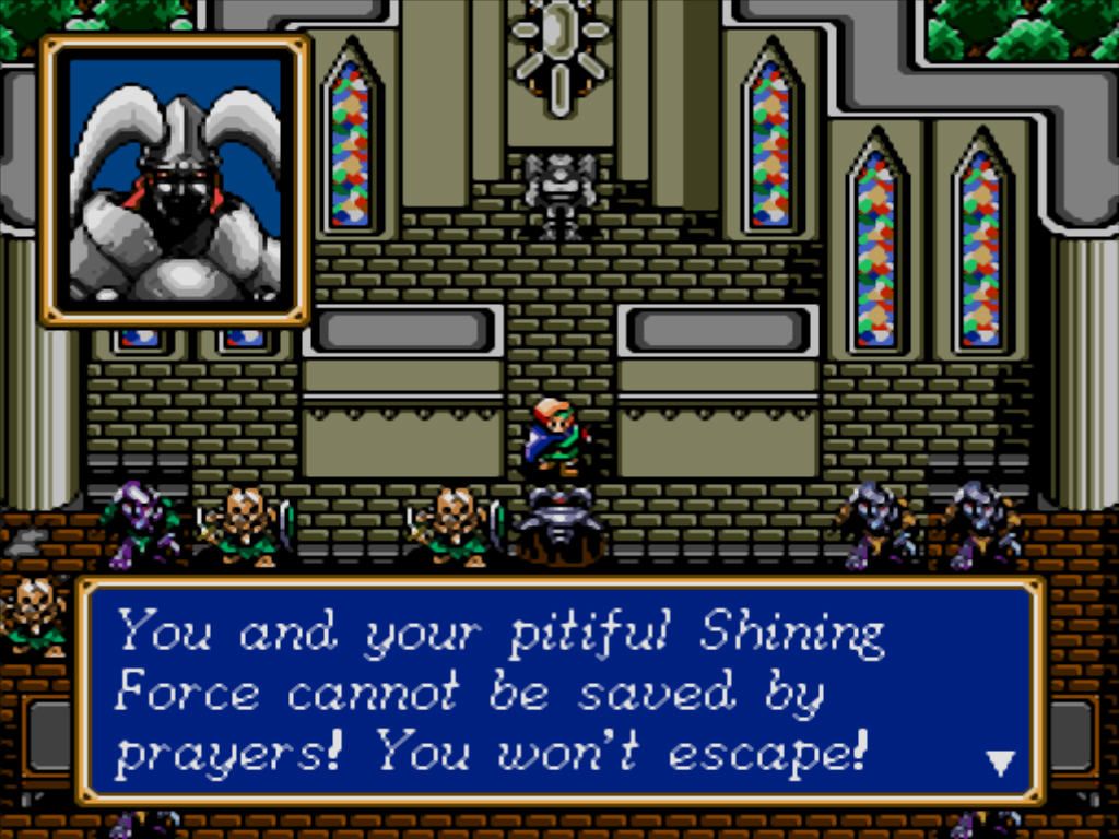 Shining Force (Windows) screenshot: A battle in a shrine