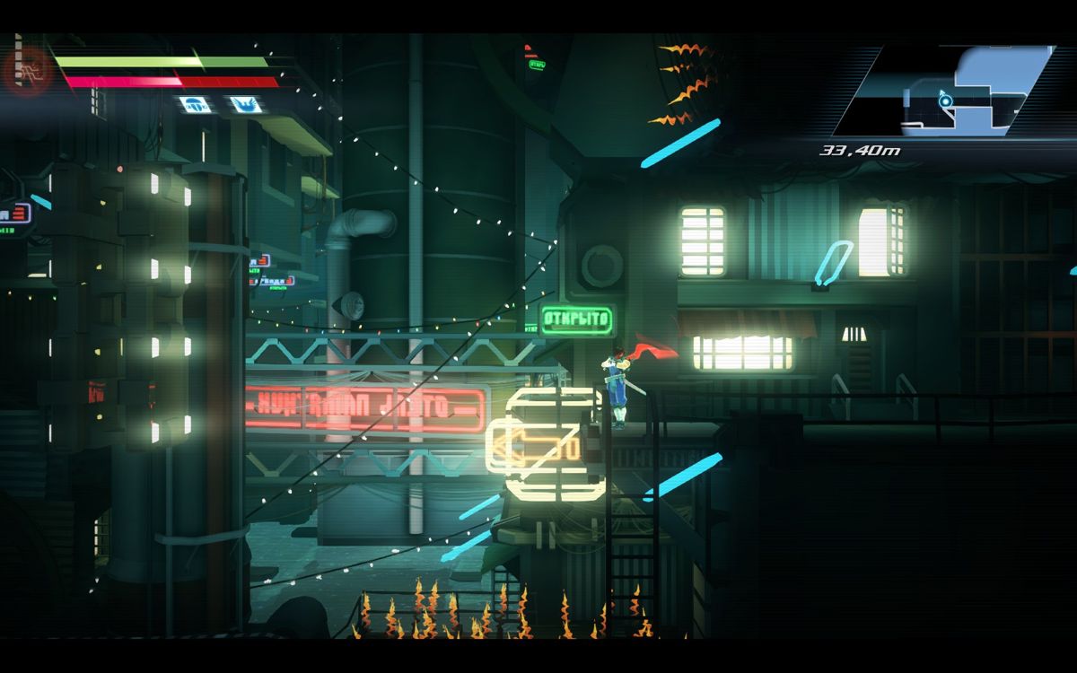 Strider (Windows) screenshot: The underground city has a nice cyberpunk atmosphere.