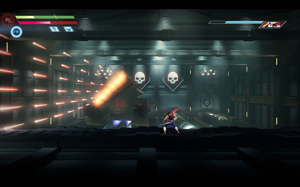 Strider (Windows) screenshot: Battle against General Mikiel in his super-tank.