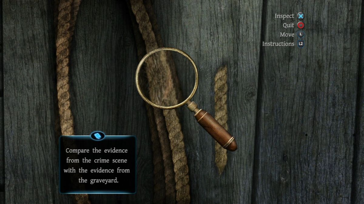 The Testament of Sherlock Holmes (PlayStation 3) screenshot: Comparing the found rope with the fragment taken from the crime scene.