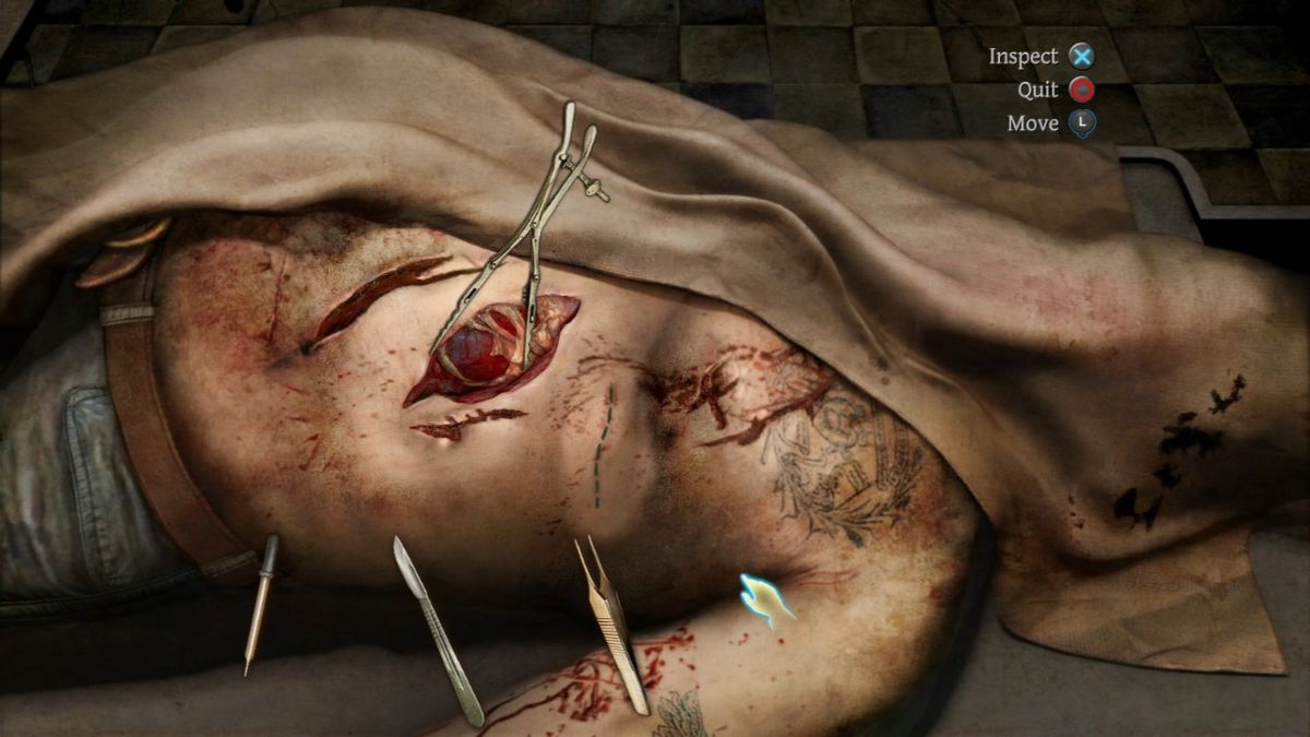 The Testament of Sherlock Holmes (PlayStation 3) screenshot: Performing an autopsy.