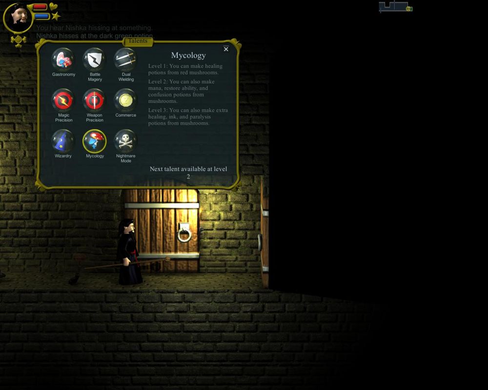 WazHack (Windows) screenshot: Talents - Each character class has nine different combinations of talents. Each talent having three levels, which may be upgraded when the character levels up.