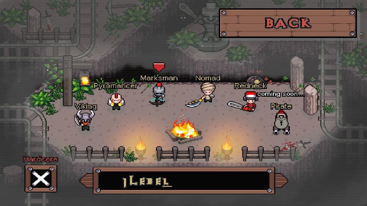 Hero Siege (Windows) screenshot: Character creation screen where one of 5 (soon to be six) classes can be selected. The hardcore mode turns on permanent death.