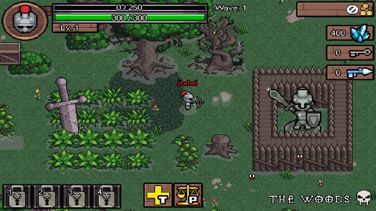 Hero Siege (Windows) screenshot: Here my Marksman character is just getting started. The row of lock icons on the bottom left show active skills that can be use. The grayish arrow near the character indicates approaching monsters.