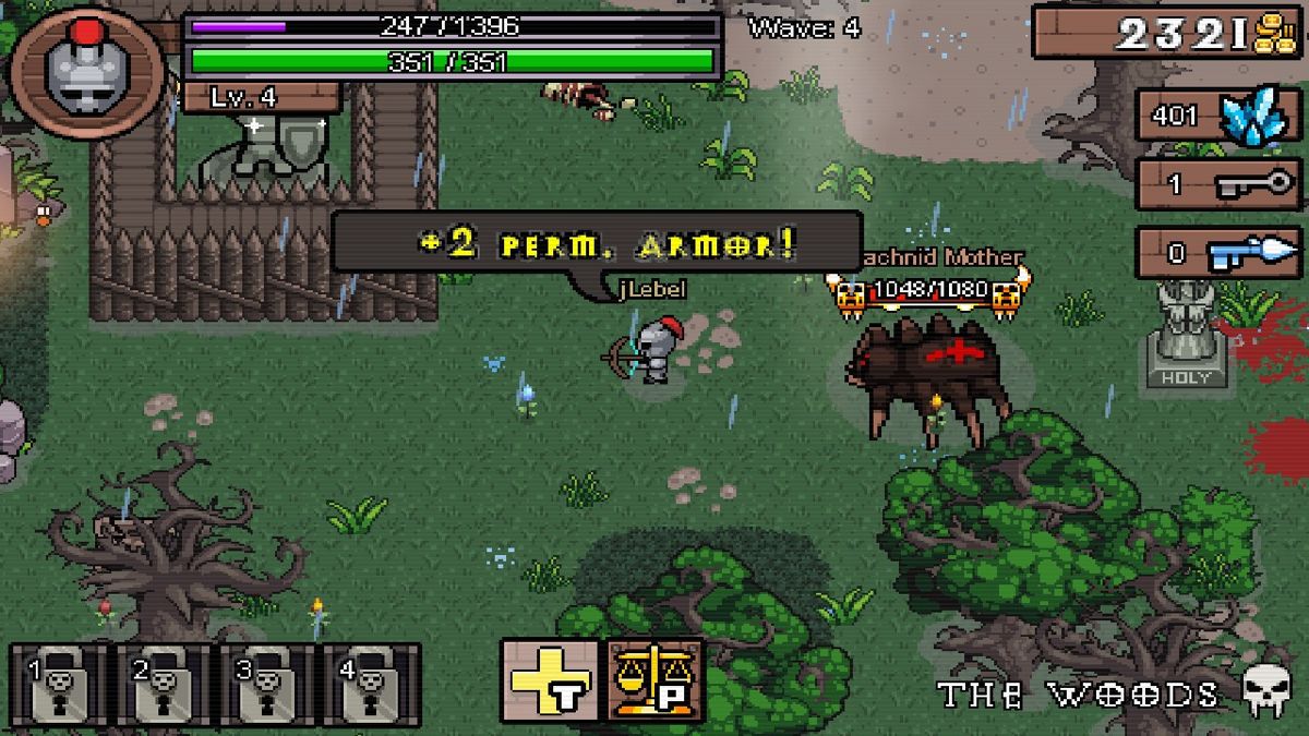 Hero Siege (Windows) screenshot: The holy statue on the far right gave my Marksman character a permanent improvement to the armor stat. Meanwhile an Arachnid Mother gives chase.